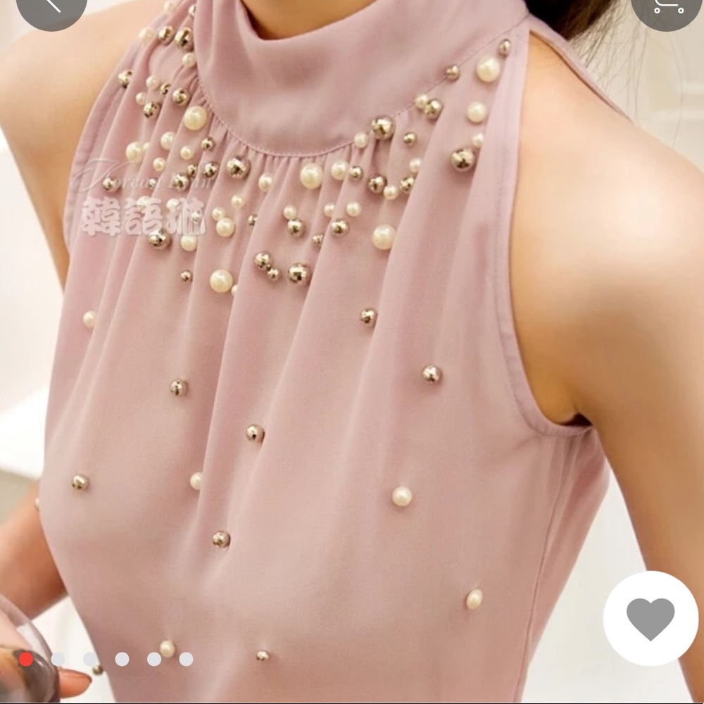 Pink chiffon mock neck sleeveless top with pearls